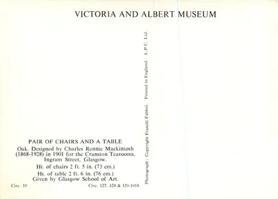 Pair of chairs and a table — Charles Rennie Mackintosh — Victoria and Albert Museum — Back