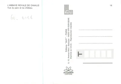 L'Abbazia Reale di Chaalis — Vista del parco e del castello — Edizioni 'GUY' - Parigi, n°18 — Verso