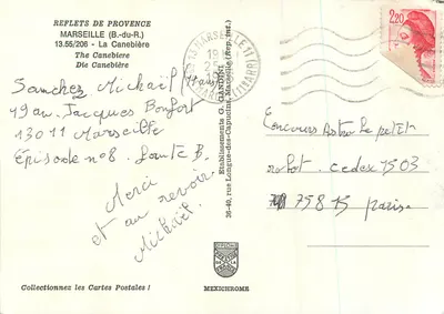 La Canebière — vue de la rue avec l'Arc de Triomphe et l'hôtel Bristol — éditeur MEXICHROME, n° 13.55/206 — Verso