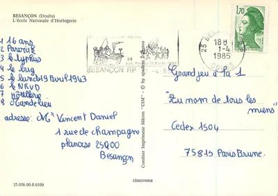 Besançon (Doubs) — A Escola Nacional de Relógios — editor CIM, n° 25.056.00.0109 — Verso