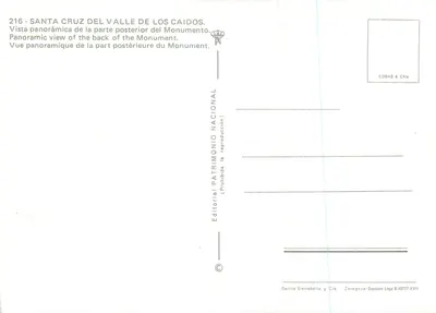Santa Cruz del Valle de los Caídos — Vista panorámica de la parte posterior del Monumento — Editor Garcia Garrabellia y Cía, serie 216 — Reverso