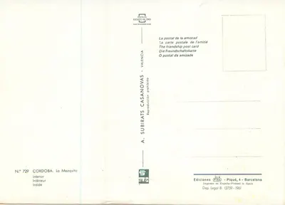 Córdova — Interior da Mezquita — Editor A. Subirats Casanovas, n° 729 — Verso