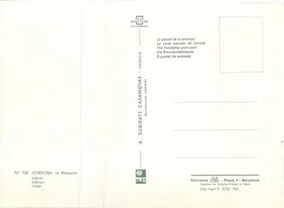 Córdova — Interior da Mesquita — Editor A. Subirats Casanovas, série N° 732 — Verso