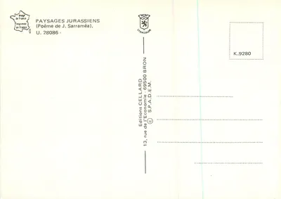 Paysages Jurassiens — Poème de J. Sarraméa — Éditions Cellard Bron — Verso