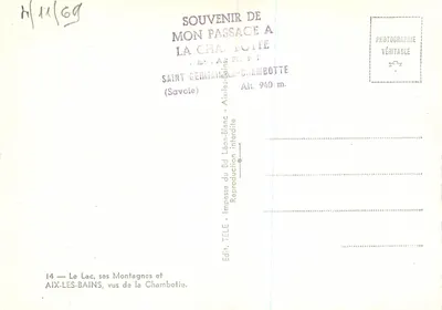 Jezioro, jego Góry i Aix-les-Bains, widziane z Chambotte — Wyd. TELE — Impas du Bd Léon-Blanc, Saint-Germain-la-Chambotte (Savoie) — Rewers
