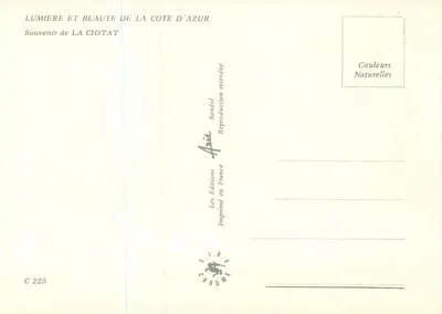 La Ciotat — widok z portu, statku Pierre Vaugin, fara, plaży i kościoła — Wydawnictwo S.I.R.A. nr C 225 — Rewers