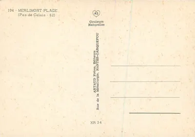 Merlimont-Plage — vista panorâmica da praia, da esplanada e da igreja — editor Artaud Frères, Nantes — Verso