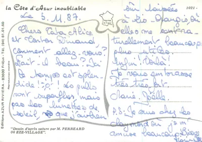 Wioska Eze — rysunek z natury autorstwa M. Perrearda — Wydawnictwo AZUR RIVIERA — Rewers