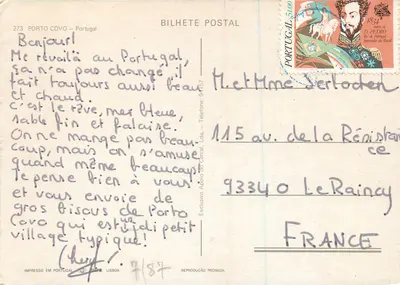 Porto Covo — praia e falésias — Bilhete Postal n°273 — Verso