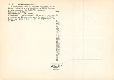 Seine-Saint-Denis — cartão postal turístico com mapa do departamento 93 — Éditions LYNA - Paris — Verso