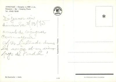 Aymavilles - Camping Pineta - mt. 1000 — Editor Tecnicolor Aosta, n° 34 — Verso