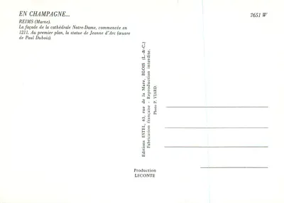 Reims — Cattedrale di Notre-Dame e statua di Giovanna d'Arco — Editore Estel, n° 7651 W — Verso