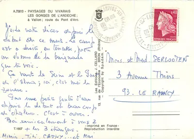 As Gorges da Ardèche — Vallon; estrada do Pont d'Arc — Les Éditions J. Cellard — Verso