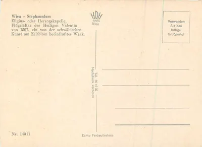 Wiedeń - Świątynia św. Stefana — Eligiuszowa lub Książęca kaplica, skrzydłowy ołtarz św. Walentego z 1507 roku, dzieło wpłynięte na sztukę schwabską — HDH Verlag Wien, nr 14011 — Rewers