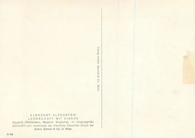 Pejzaż z kościołem — akwarela Albrechta Alt dorfer — wydawca Anton Schroll & Co, Wiedeń, nr A 44 — Rewers