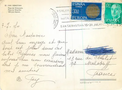 San Sebastián — Plaza del 18 de Julio — H. Fournier, 17-Vitoria 1968 — Verso