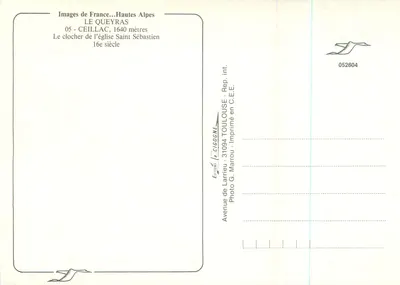 O campanário da igreja Saint-Sébastien — Le Queyras, Hautes-Alpes — Editor C.E.E. n° 052604 — Verso