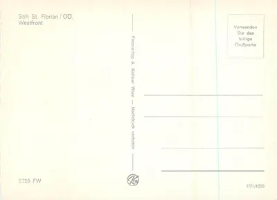 Stift St. Florian — Frente Oeste — Fotoverlag A. Kellner Wien — Verso