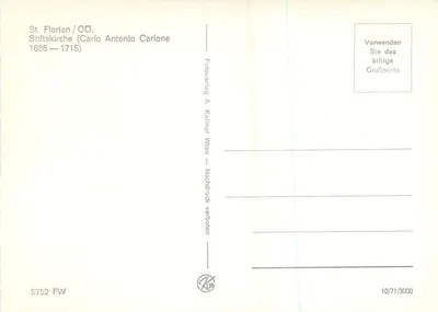 São Flórida / OO. — Igreja da Abadia (Carlo Antonio Carlone 1686—1715) — Fotoverlag A. Kellerar Viena — Verso