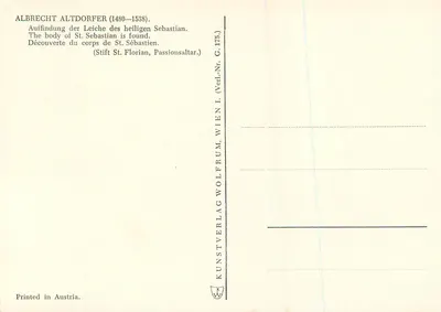 Descoberta do corpo de São Sebastião — Albrect Alt dorfer (1480-1538) — Kunstverlag Wolf, Viena — Verso