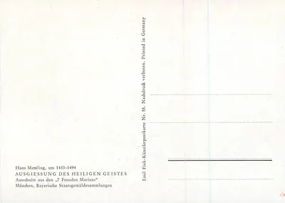 Ausschnitt aus den 7 Freuden Mariens — Ausgiessung des Heiligen Geistes — Hans Memling, um 1433-1494 — Emil Fink, Nr. 55 — Rewers