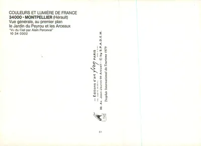 Montpellier — Vista geral, Jardim do Peyrou e os Arceaux — Éditions d'art Yvon — Verso