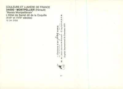 Hotel Sarret zwany Hotel Coquille — Montpellier (Hérault) — Wydawnictwo Sztuki Yvon, nr 10 34 0158 — Rewers