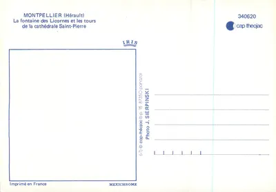 Montpellier (Hérault) — Fontanna Licornów i wieże katedry Świętego Piotra — cap theojac 340620 — Rewers