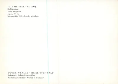 Statua Buddhy — złota drewniana statua — Egger-Verlag, nr 8102 — Rewers