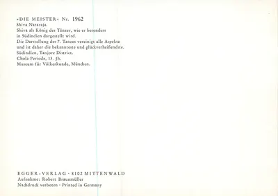 Shiva Nataraja — representação da 7ª dança — Editor Egger-Verlag, n° 1962 — Verso