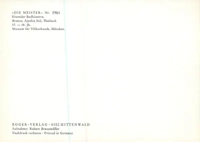 Estátua sentada de Buda — estilo Ajuthia, 17º-18º século — Editor Egger-Verlag, série « Die Meister » n°1961 — Verso