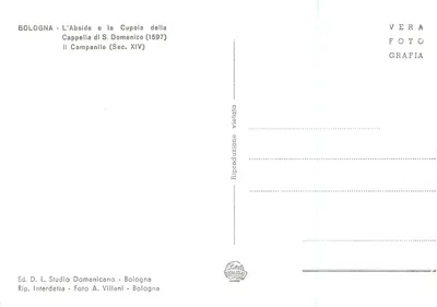 Bologna - Absydę i Kupolę Kaplicy S. Domenico (1597) — Katedralny Zegar (XIV wiek) — Wyd. D. L. Studio Domenicano, Bologna — Rewers