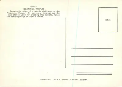 Świątynie Ggantija — Gozo — Wydawca: Biblioteka Katedralna, Sliema, nr M145 — Rewers
