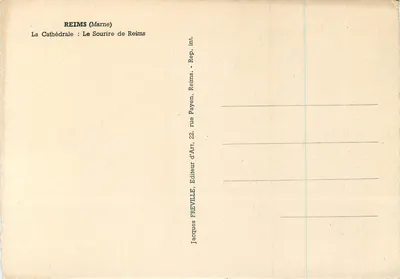 Katedra w Reims — Anioły na fasadzie — przed i po zniszczeniach z 1914 — Wydawca Jacques Freville, Reims — Rewers
