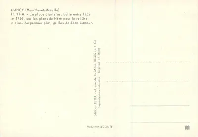 Nancy — Plac Stanisława — widok z ozdobną bramą i monumentem — Wydawnictwo ESTEL — Rewers
