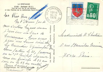 Vue de nuit de la rue Kéréon — flèches de la cathédrale Saint-Corentin — Les Editions Audierne — Verso
