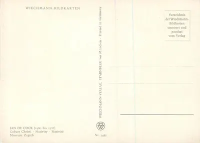 Natividade — Jan de Cock (1480-1527) — Wiechmann-Bildkarten, N° 1461 — Verso