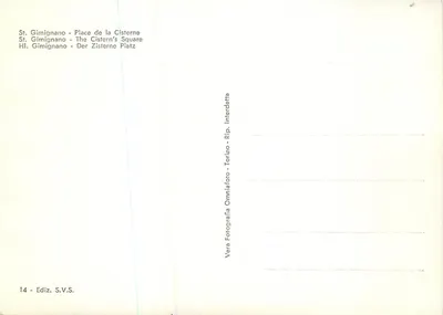 San Gimignano - Piazza della Cisterna — widok wieży i fontanny — wydawca S.V.S., nr 14 — Rewers