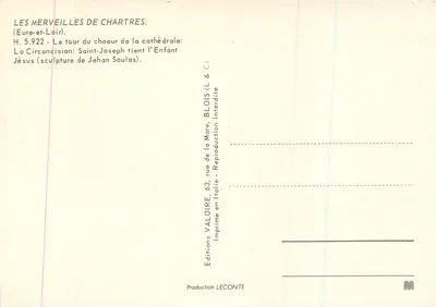 Obrazek: Święty Józef trzyma Dziecię Jezus — rzeźba Jehana Soulasis — Wydawnictwo Valoire, Blois — Rewers