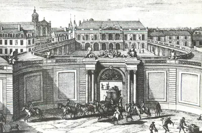 Vista da entrada do castelo de Versailles — gravura histórica — sem editor ou número visível
