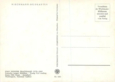 Jovem lendo — Jean Honoré Fragonard (1732–1806) — Wiechmann-Bildkarten, Nr. 2451 — Verso