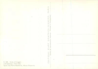 La Anunciación — Escuela de Avignon, 1443-1444 — Ediciones de Arte Gonthier-Seghers, París — Reverso