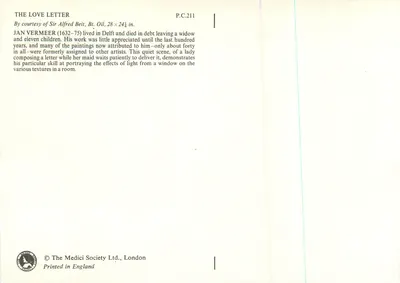 List miłosny — Jan Vermeer — wydawnictwo Medici Society Ltd. — Rewers