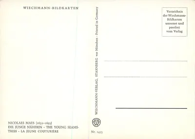 Młoda szewcza — Nicolaes Maes (1632-1693) — Wiechmann-Bildkarten, n° 1453 — Rewers