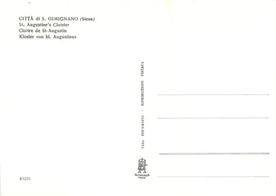 Città di S. Gimignano — Claustro de S. Agostino — Alterocca Terni, n° 65201 — Verso