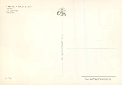 Torri del Vaiiolet — Dolomitas — Editor Orem, n° R 2118 — Verso