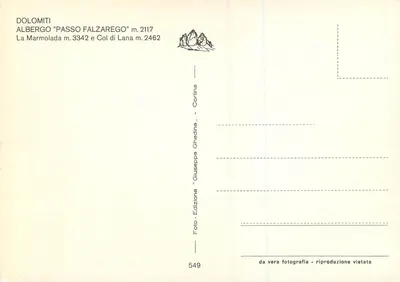 Albergo Passo Falzarego — Dolomity — Wydawnictwo Giuseppe Ghedina, n°549 — Rewers