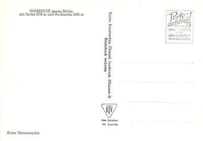 Innsbruck z południa — z szczytami 2719 m i 2406 m — Tiroler Kunstverlag, Chizzi, Innsbruck, Siligasse 21 — Rewers