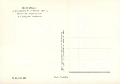 Reims (Marne) — Katedra Najświętszej Panny Marii, XIII w. — Statua Środkowego Przeciwległego Północnego, Religia Chrześcijańska — Série Commercial Monuments Historiques, nr 51 454 7265 115 — Rewers