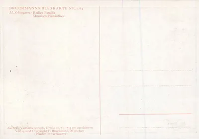 De Heilige Familie — schilderij van M. Schongauer — uitgever F. Bruckmann, München — Achterkant